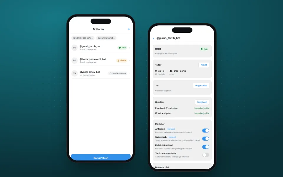 Bot Konstruktori Mini App ekranlari